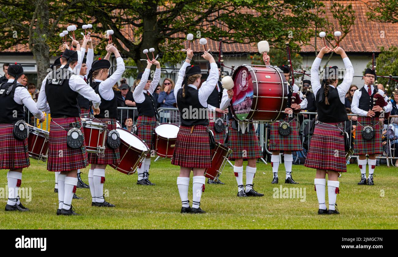 North Berwick, East Lothian, Scotland, United Kingdom, 6th August 2022. North Berwick Highland games: the annual games takes place at the recreation ground in the seaside town. Pictured: the Highland Pipe Band judging. Credit: Sally Anderson/Alamy Live News Stock Photo