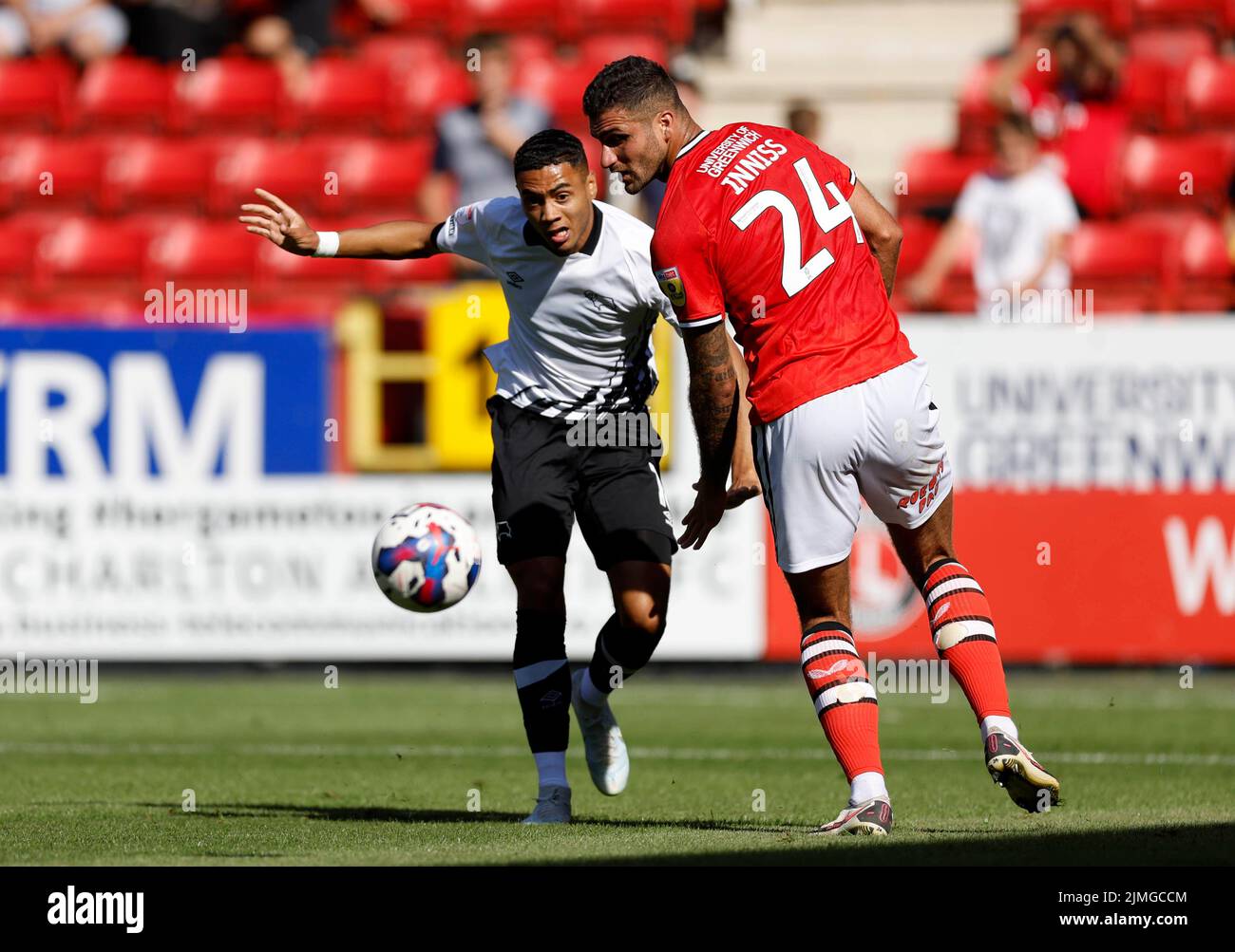 Derby County's Lewis Dobbin (left) has a shot at goal during the Sky Bet League One match at The Valley, London. Picture date: Saturday August 6, 2022. Stock Photo