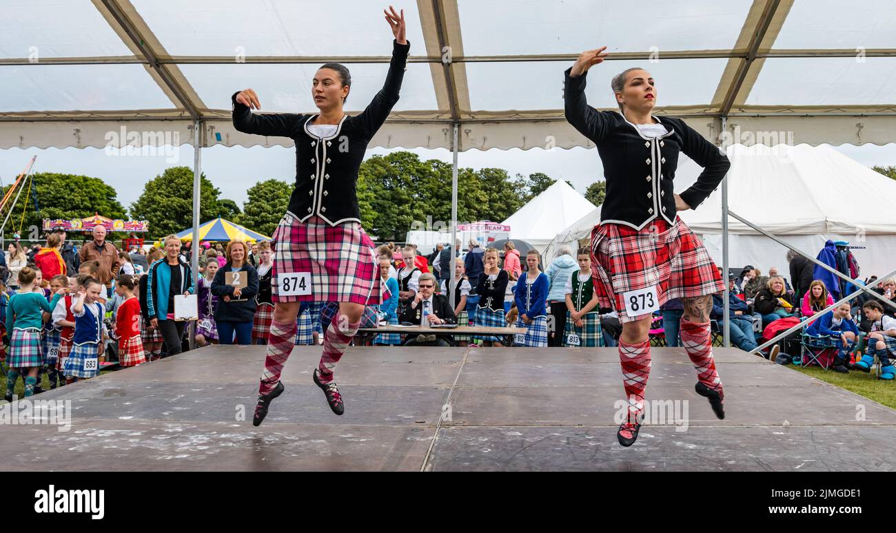 North Berwick, East Lothian, Scotland, United Kingdom, 6th August 2022. North Berwick Highland games: the annual games takes place at the recreation ground. Pictured: the Highland Dancing competition Stock Photo