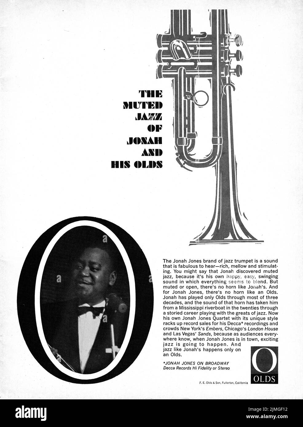 An ad from a 1962 music magazine showing jazz musician Jonah Jones  endorsing Olds trumpets. Stock Photo