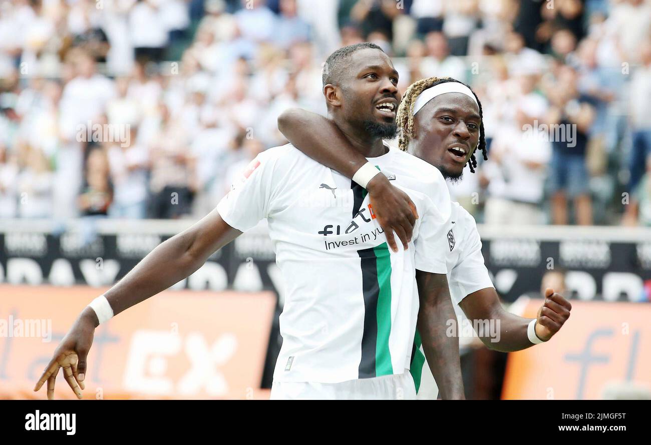 Monchengladbach Gladbach, Deutschland. 03rd Aug, 2022. firo : 08/06/2022, football, soccer, 1st league, 1st federal league, season 2022/2023, BMG Borussia Monchengladbach Gladbach Borussia Monchengladbach - TSG 1899 Hoffenheim BMG Kouadio Koné, Kone, BMG Marcus Thuram, jubilation, goaljubel, gesture, gesture, Credit: dpa/Alamy Live News Stock Photo