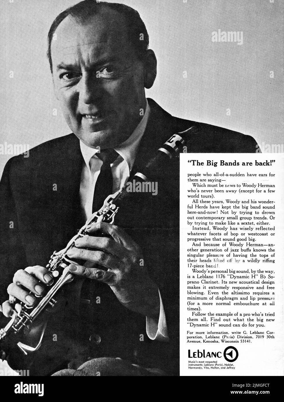 An ad from a 1968 music magazine with big band leader and star Woody Herman endorsing Leblanc clarinets. Stock Photo