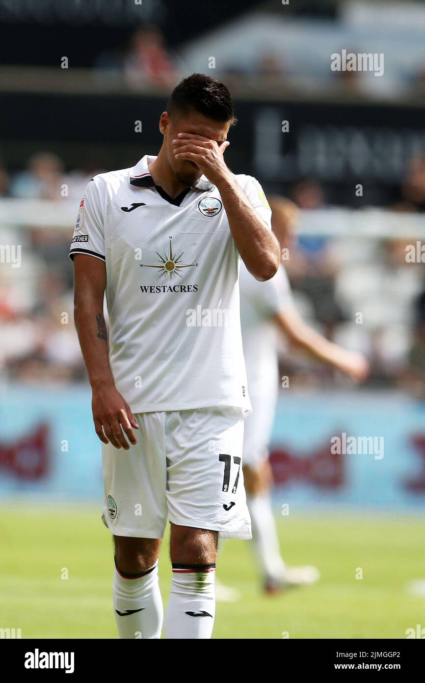 Swansea, UK. 06th Aug, 2022. Joel Piroe of Swansea City looks dejected after Blackburn Rovers score a goal. EFL Skybet championship match, Swansea city v Blackburn Rovers at the Swansea.com Stadium in Swansea, Wales on Saturday 6th August 2022. this image may only be used for Editorial purposes. Editorial use only, license required for commercial use. No use in betting, games or a single club/league/player publications. pic by Andrew Orchard/Andrew Orchard sports photography/Alamy Live news Credit: Andrew Orchard sports photography/Alamy Live News Stock Photo