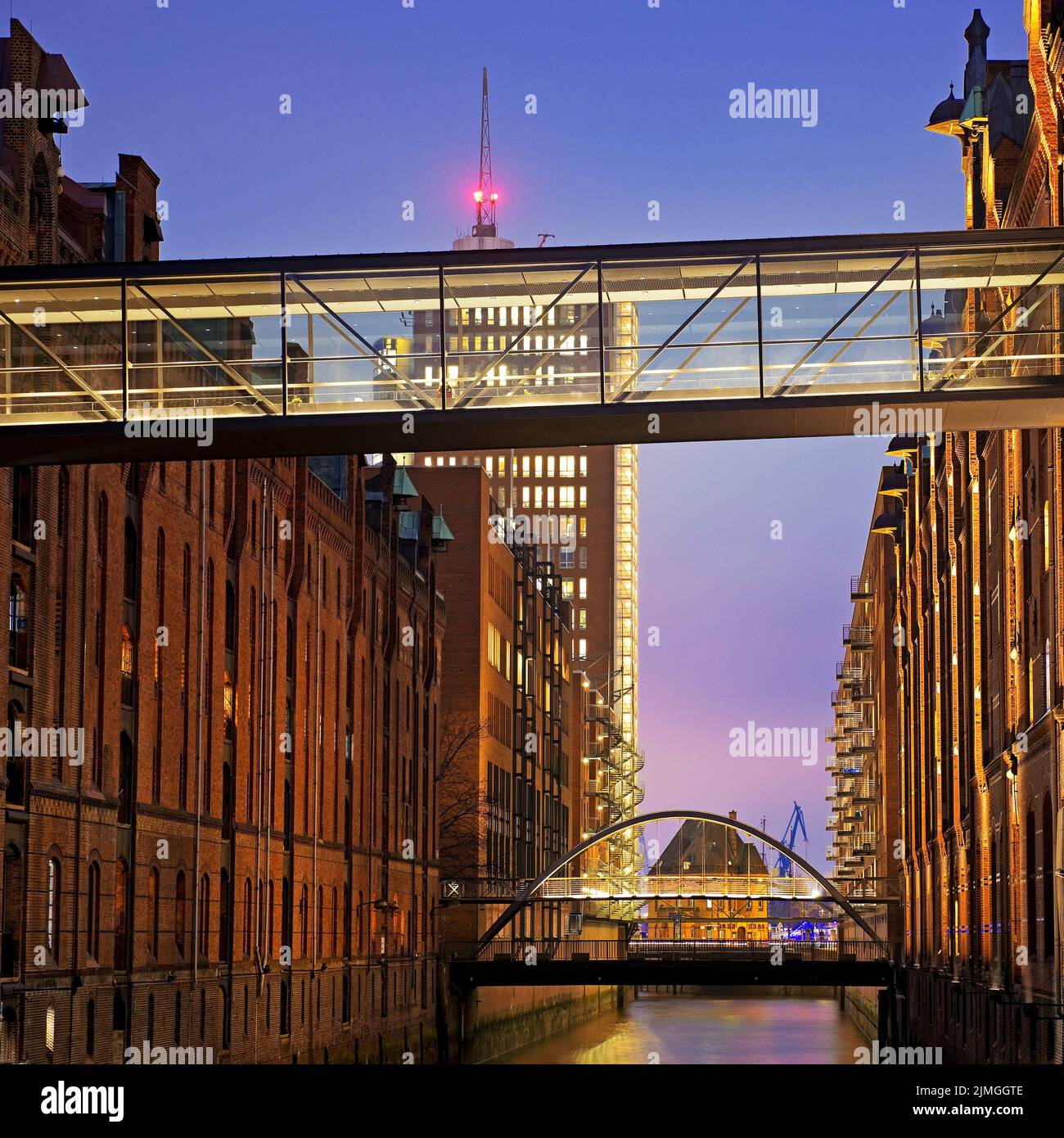 View from the Sand Bridge to Columbus Haus in the evening, Speicherstadt, Hamburg, Germany, Europe Stock Photo