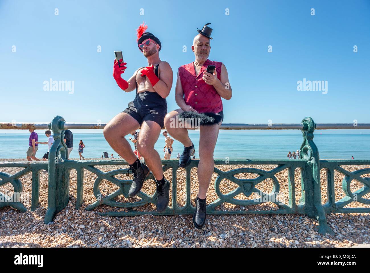Brighton, August 6th 2022: people getting ready at the start of the parade for the UK's most popular Pride event in Brighton, this year celebrating its 30th anniversary and the first post-pandemic Pride march in the city Stock Photo