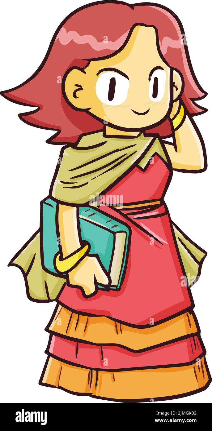 A vector illustration of a cute little girl wearing a red dress on a ...
