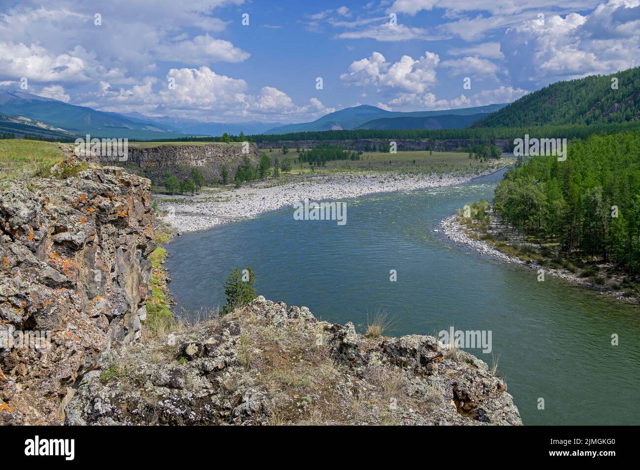 Oka Sayanskaya River - view of the river and on the valley from  a high rippletish coast. Buryatia, Siberia, Russia. August. Stock Photo