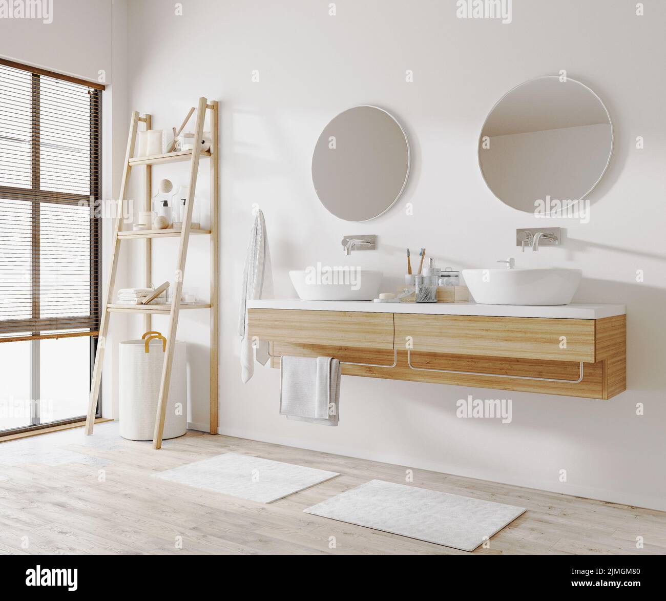 Modern apartment bathroom interior with two sinks, wooden and