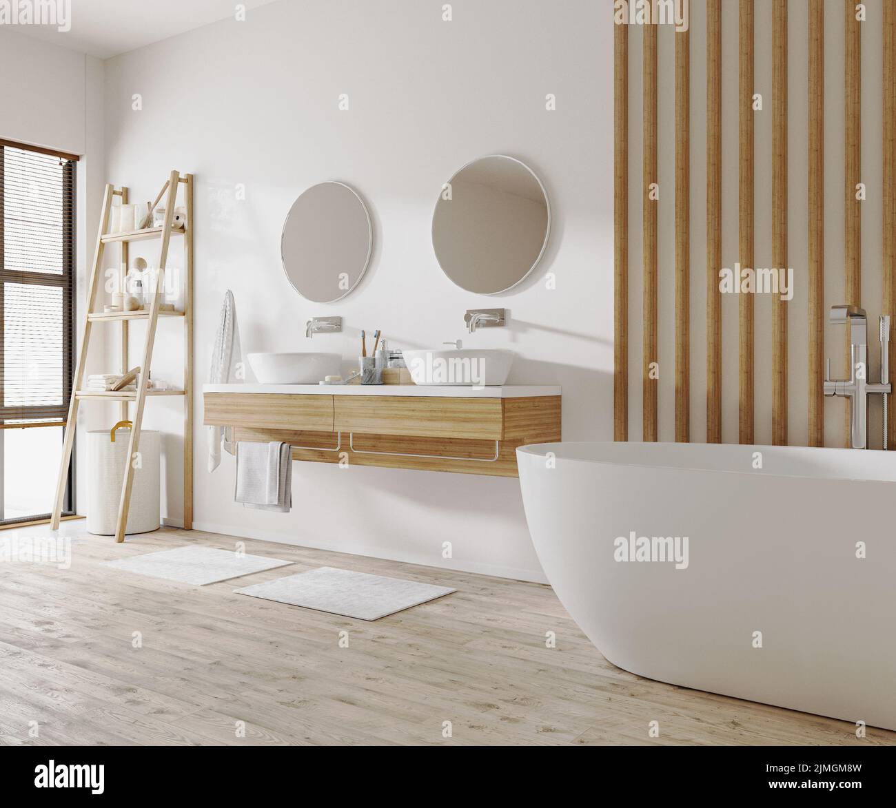 Stylish bathroom interior with modern tub, wooden ladder with bath