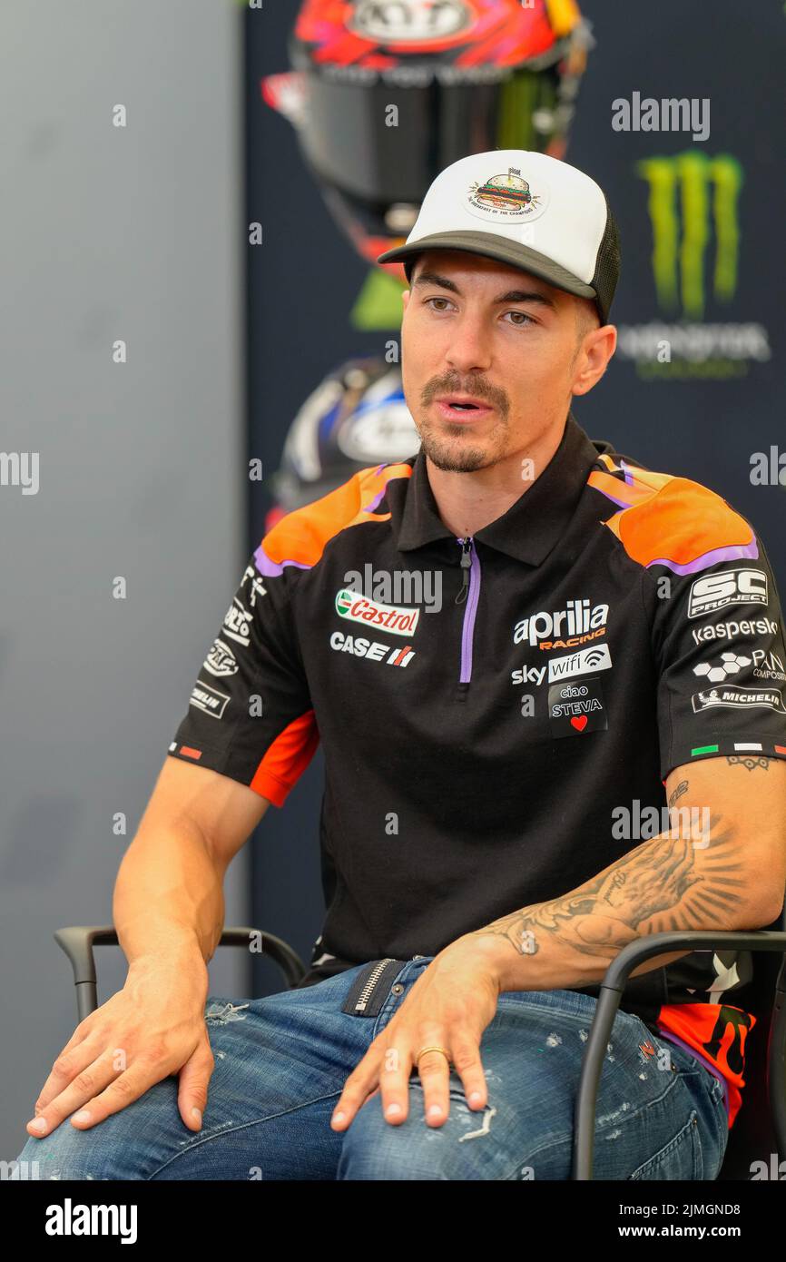 Towcester, UK. 06th Aug, 2022. Maverick VINALES (Spain) of the Aprilia Racing Team during the 2022 Monster Energy Grand Prix Qualification Press Conference after securing second place on the grid at Silverstone Circuit, Towcester, England on the 6th August 2022. Photo by David Horn. Credit: PRiME Media Images/Alamy Live News Stock Photo