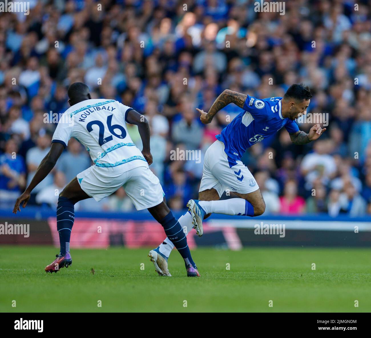 Goodison Park, Liverpool, UK. 6th Aug, 2022. Premier League football, Everton versus Chelsea: Dwight McNeil of Everton is tripped by Kalidou Koulibaly of Chelsea Credit: Action Plus Sports/Alamy Live News Stock Photo