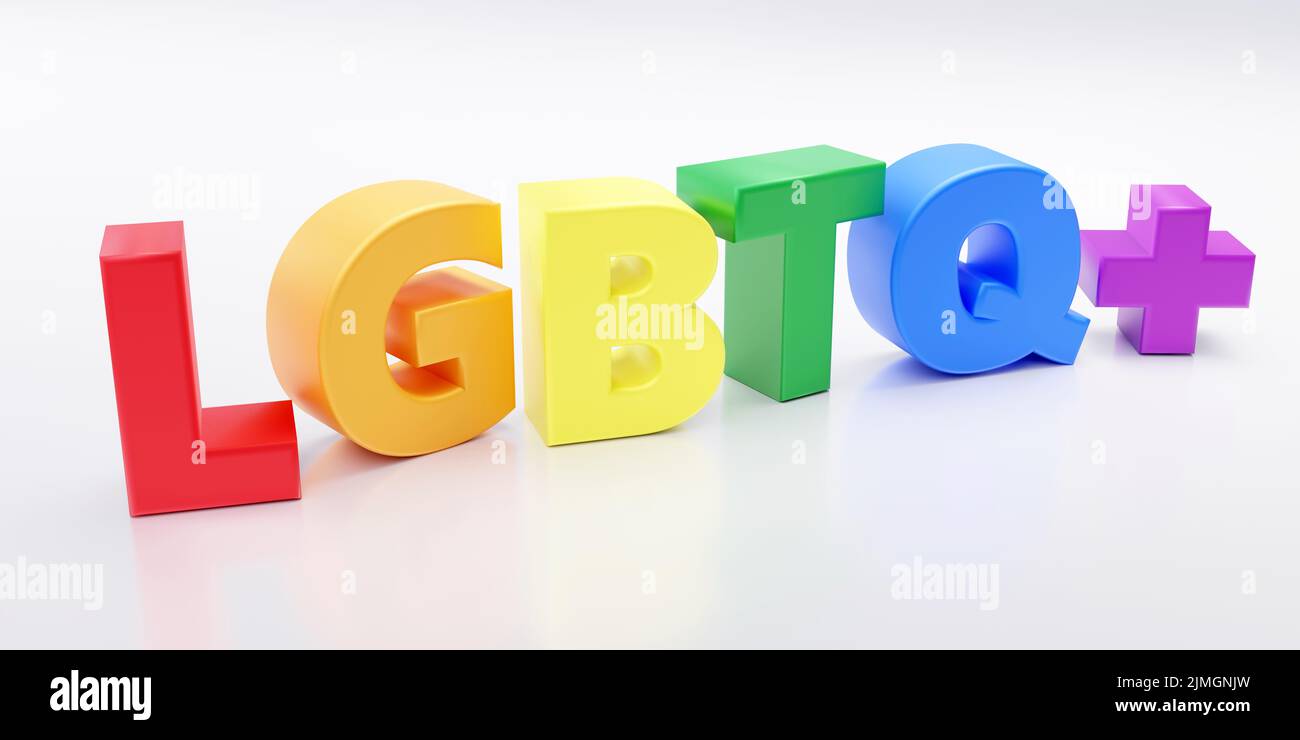 LGBTQ Gay pride. Rainbow Flag Color text isolated on white background. LGBT community rights. 3d render Stock Photo