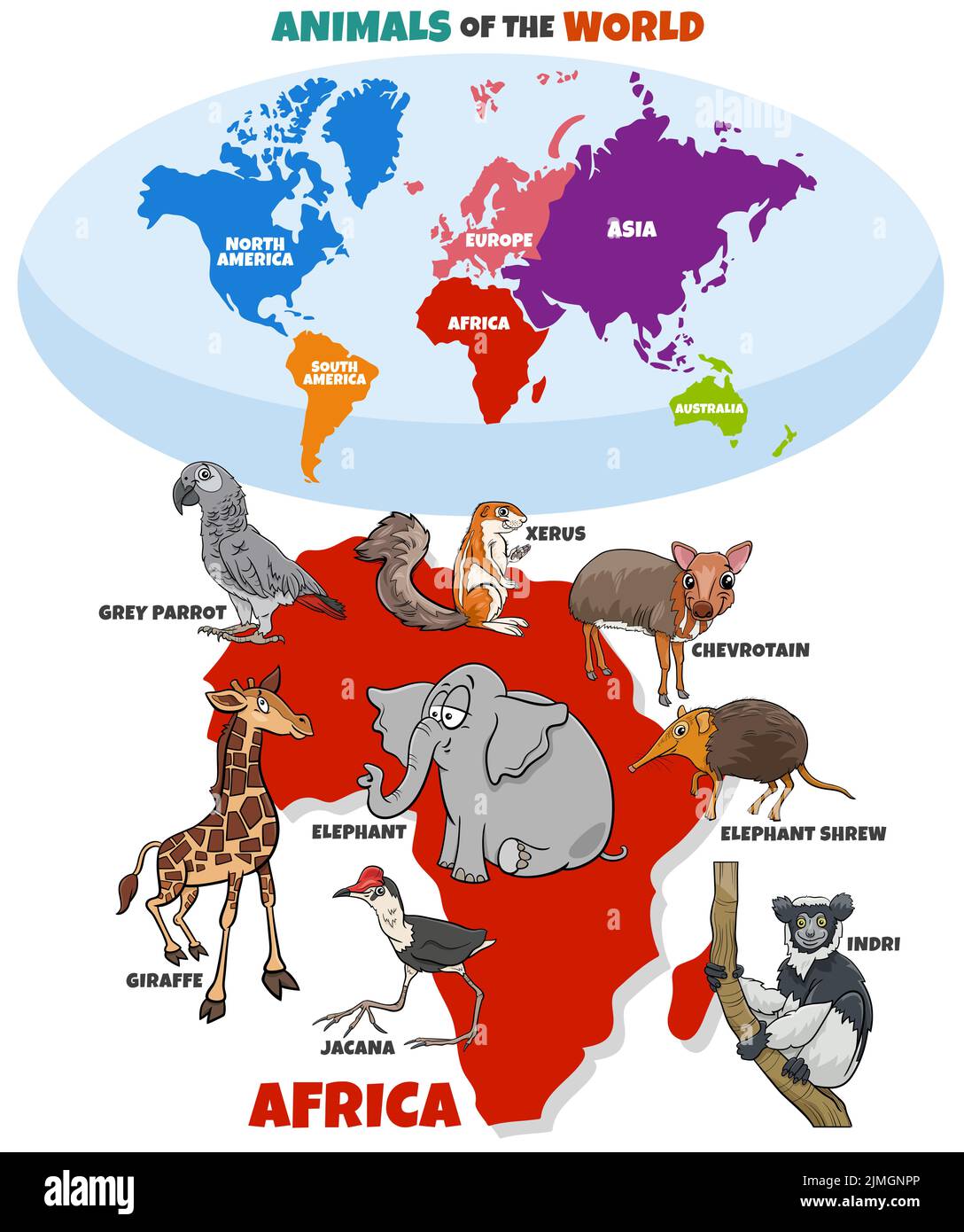 Educational illustration with cartoon African animals Stock Photo