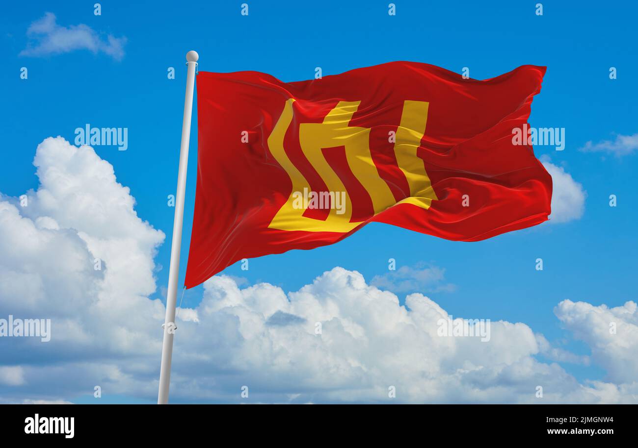 official flag of Army lithuania at cloudy sky background on sunset, panoramic view. lithuanian travel and patriot concept. copy space for wide banner. Stock Photo