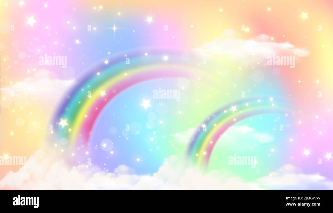 Pink rainbow and clouds on gradient background. Fantasy sky with stars. Unicorn abstract backdrop. Cute watercolor vector illustration. Stock Vector