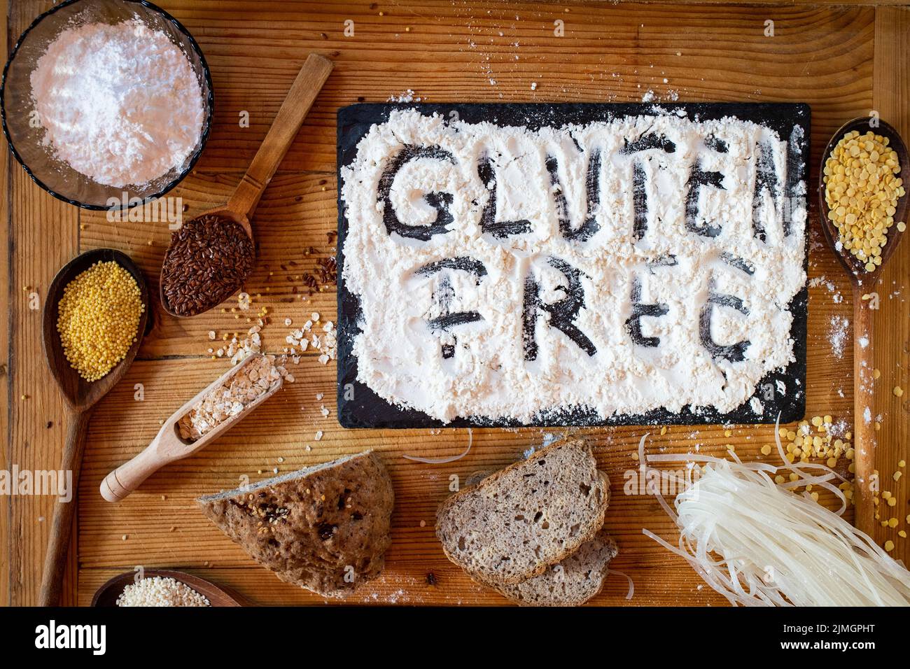 Gluten free flour bread and grains millet  tapioca  flaxseed  rice oats lentils Stock Photo