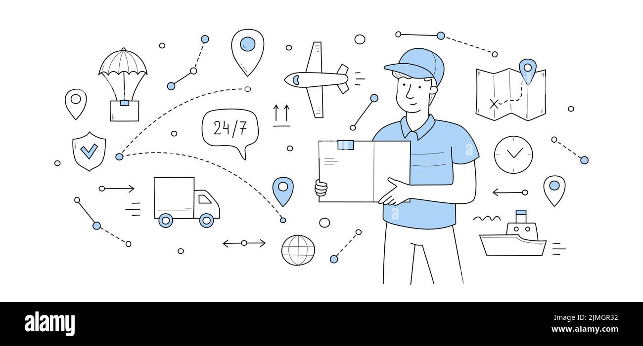 Delivery service doodle concept. Mailman with parcel in hands and shipping icons around. Express transportation, logistics by airplane, ship, truck co Stock Vector