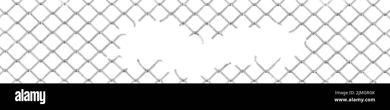 Broken wire fence, rabitz or chain link. Vector background of ripped metal mesh, steel grid or net with hole and wire cuts in center, damaged safety b Stock Vector