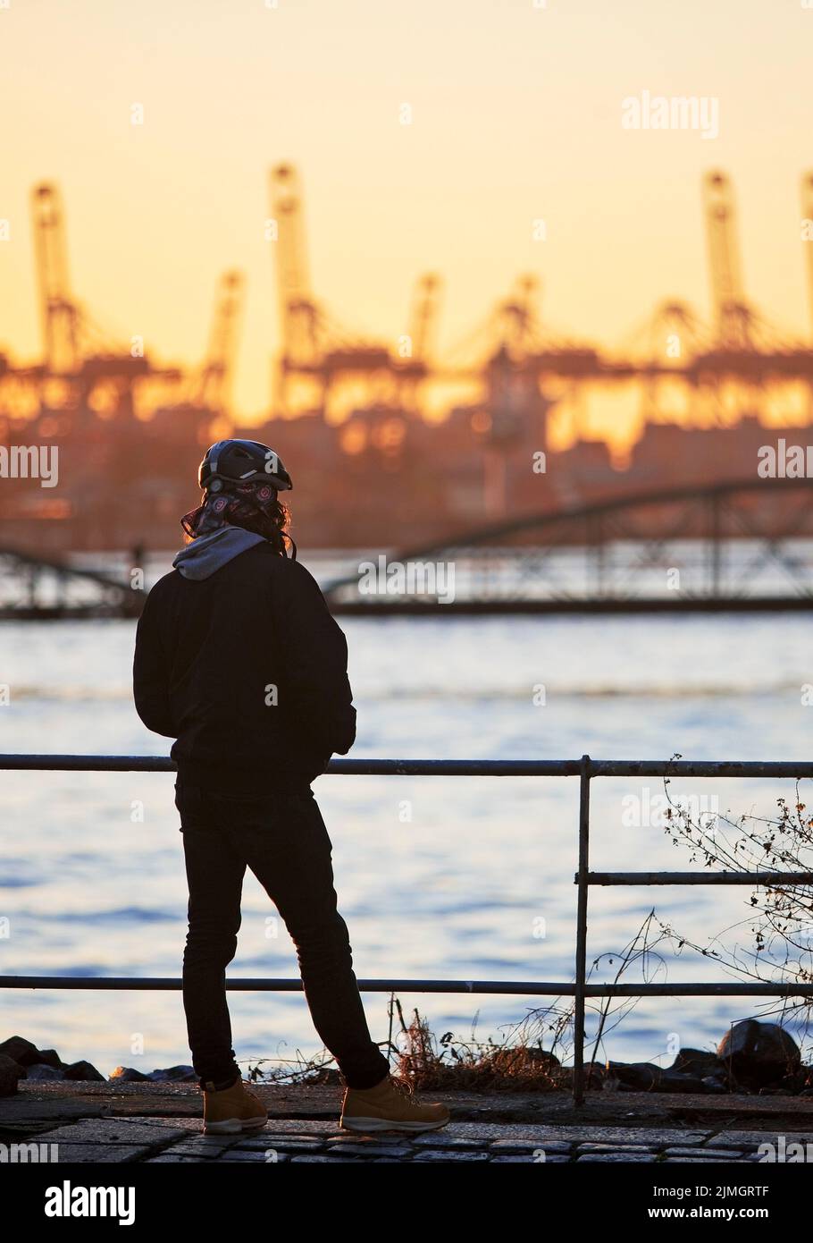 A person in front of loading cranes on the North Elbe in Altona, Port of Hamburg, Germany, Europe Stock Photo
