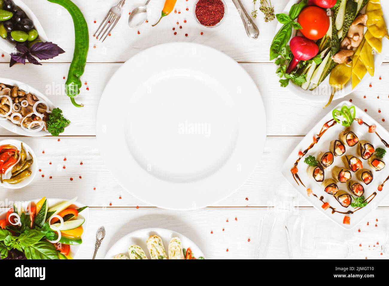 food top view white plate buffet cater restaurant Stock Photo Alamy