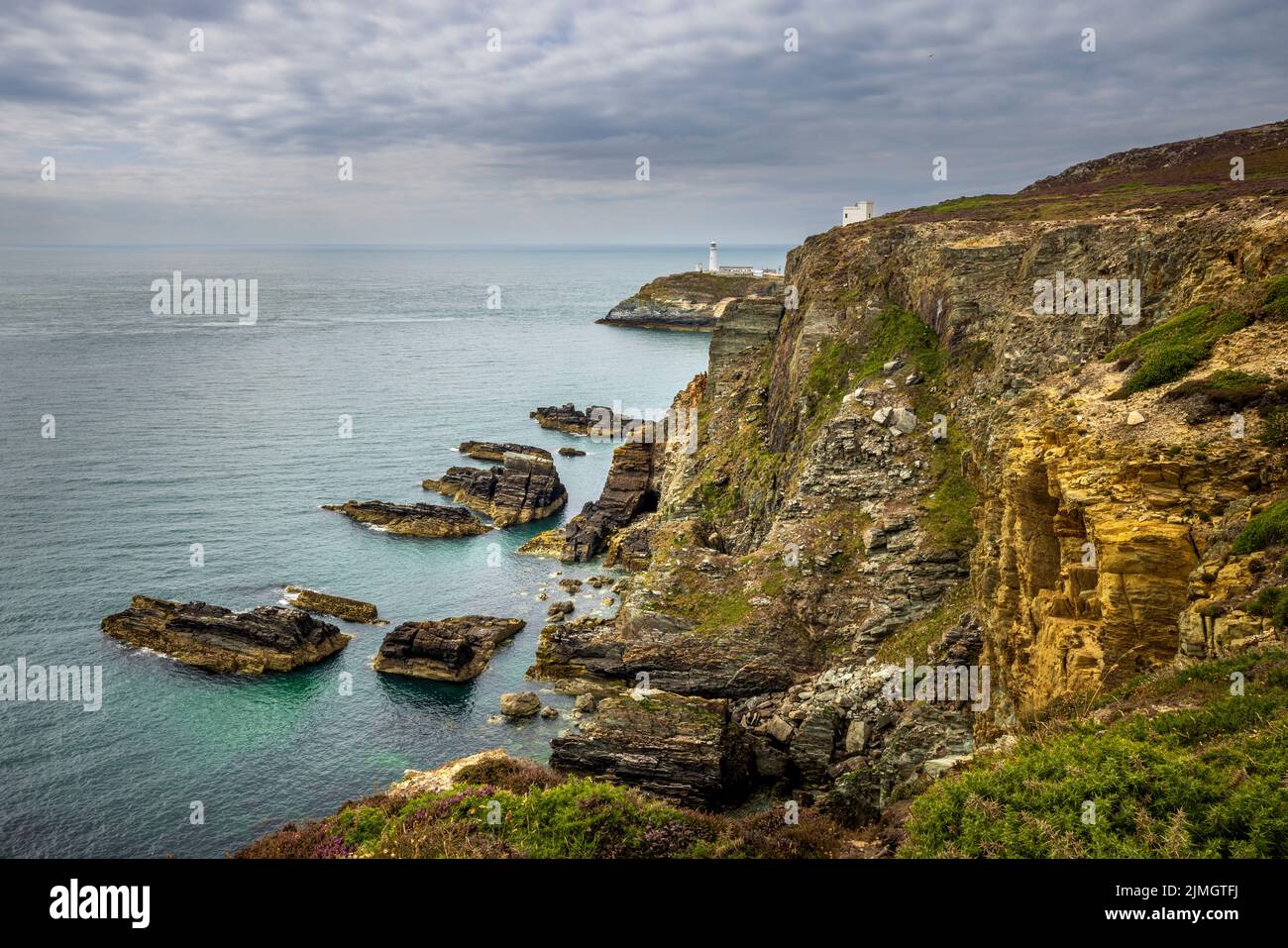 The South Stack cliffs with the Lighthouse and Elin’s Tower in the background, Holy Island, Anglesey, North Wales Stock Photo