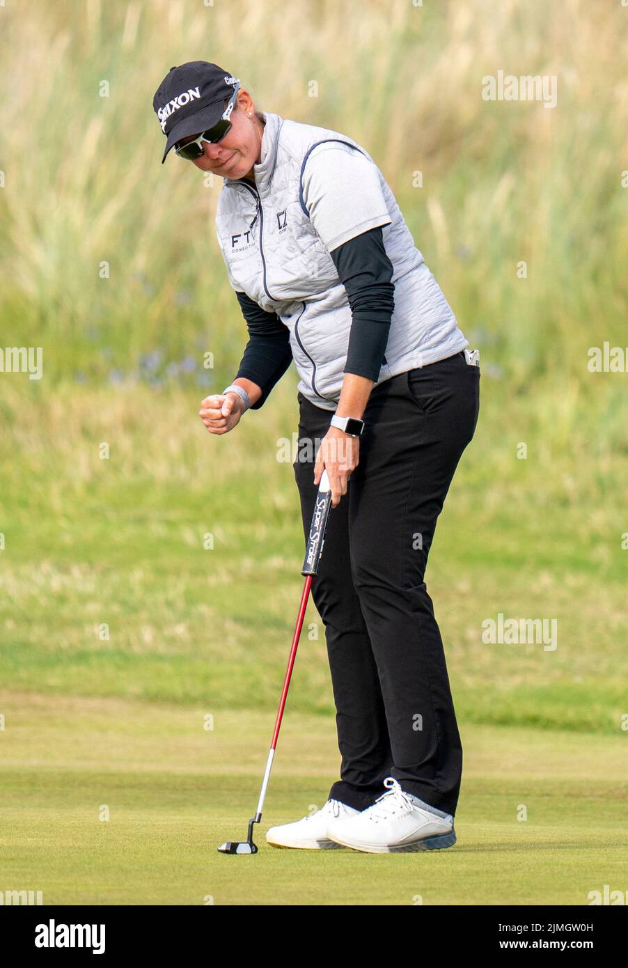 South Africa's Ashleigh Buhai reacts after her putt on the 10th green during day three of the AIG Women's Open at Muirfield in Gullane, Scotland. Picture date: Saturday August 6, 2022. Stock Photo