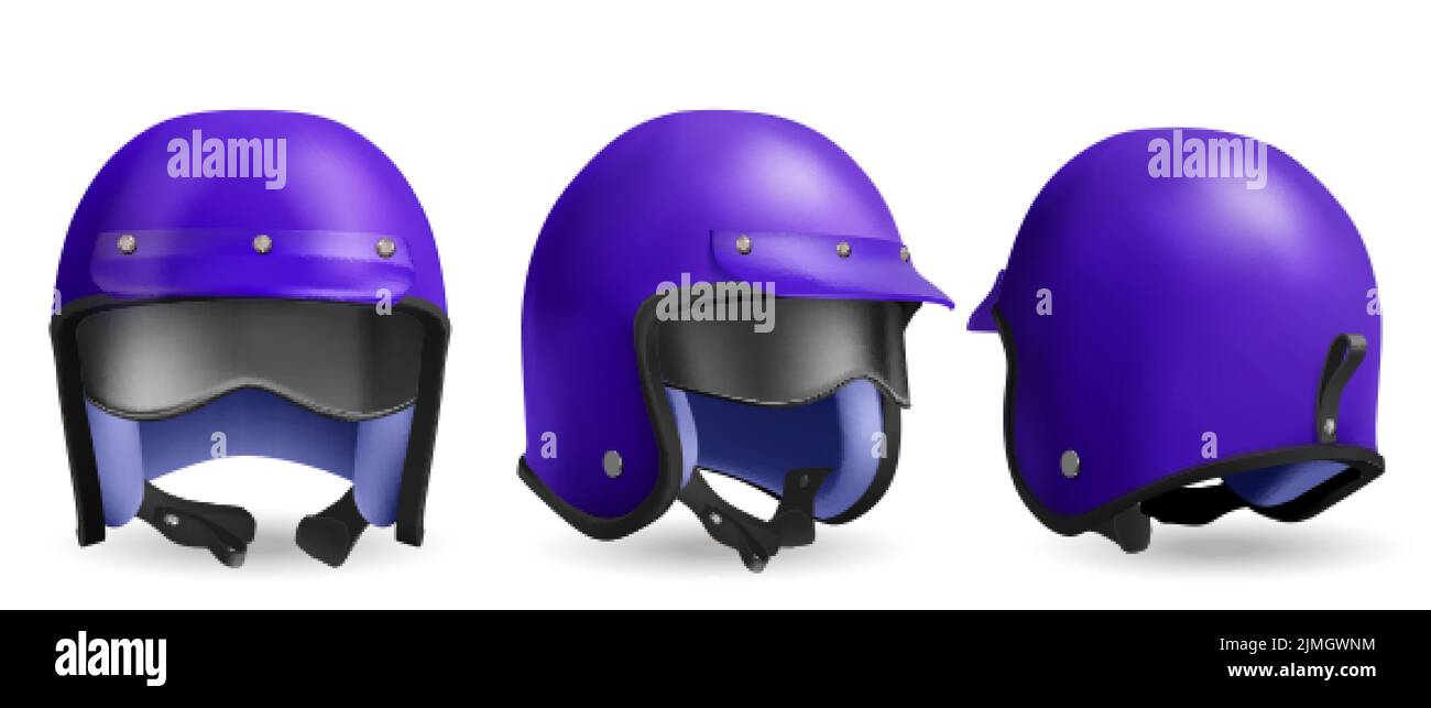 Motorcycle helmet for moto race and ride on scooter. Vector realistic illustration of 3d retro purple helmet with visor and glasses in front, back and Stock Vector