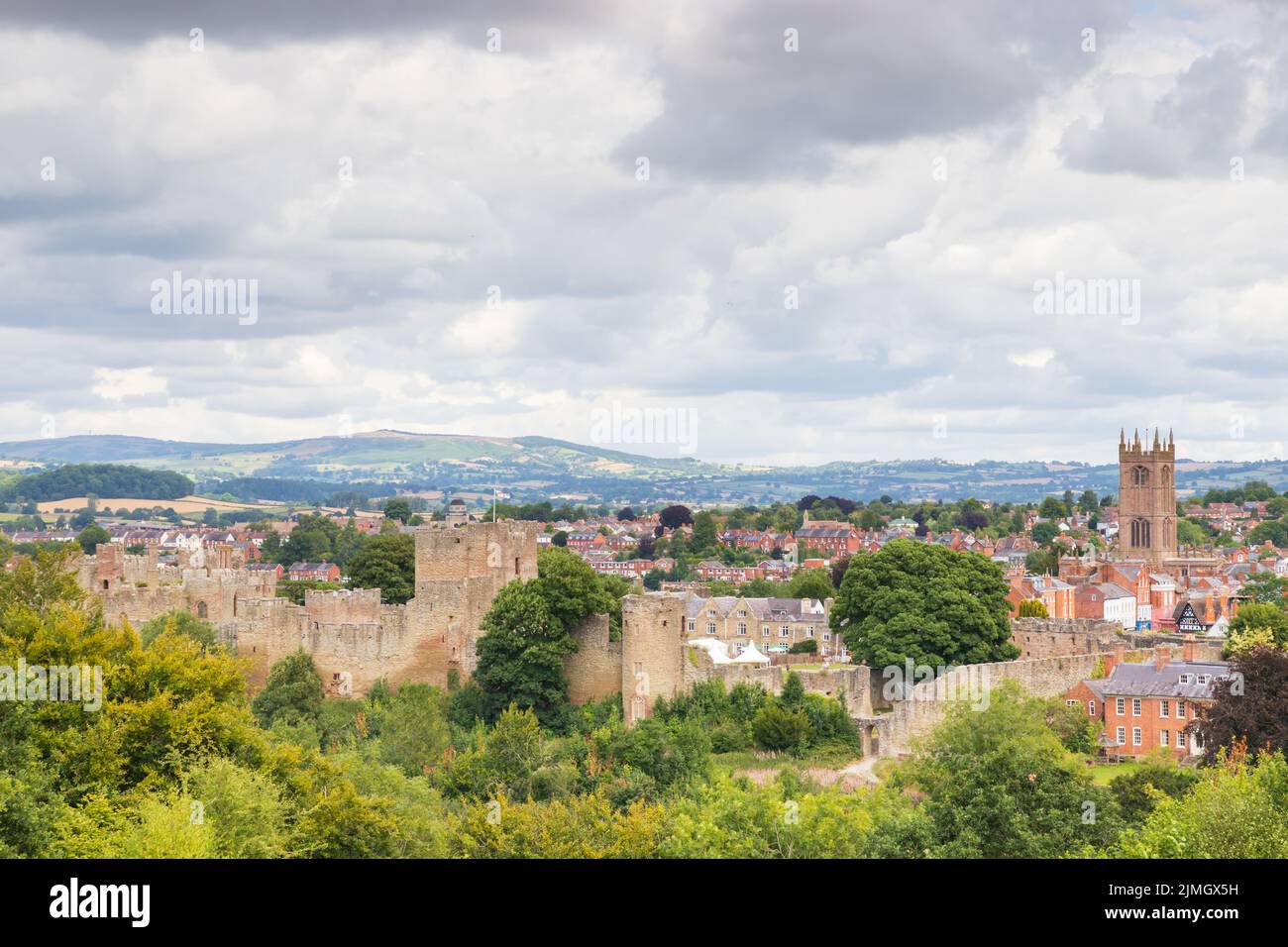 A view of the market town of Ludlow in Shropshire UK, showing the castle and St Lawrence's Church Stock Photo