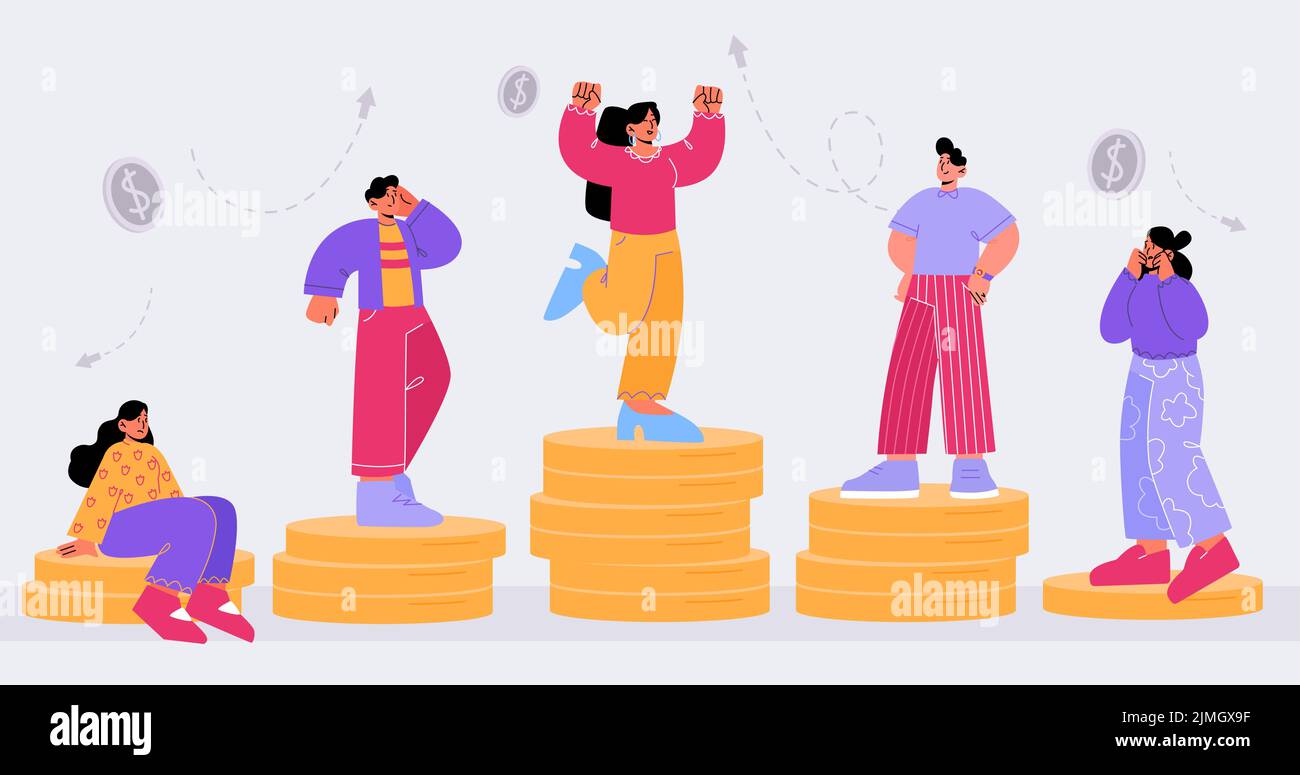 Salary gap, wage difference concept. Comparison of people income, pay for job. Vector flat illustration of rich and poor workers standing on high and Stock Vector