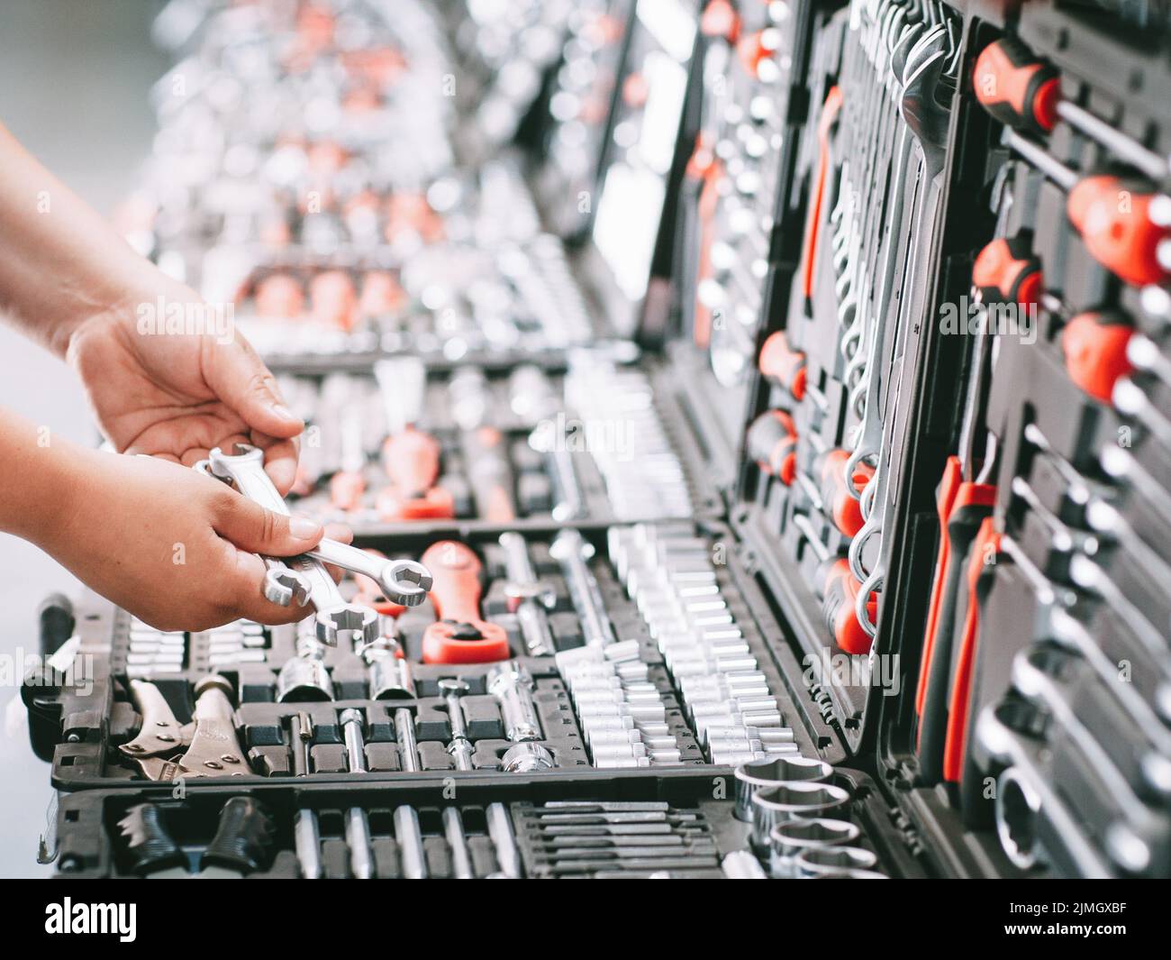 hardware showcase repairman choosing instruments Stock Photo Alamy