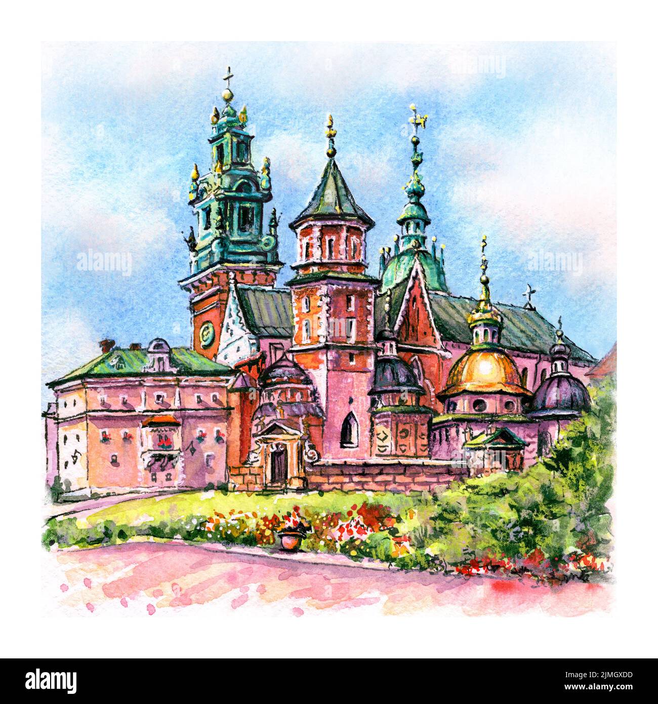 Watercolor sketch of Wawel Castle in Krakow, Poland Stock Photo