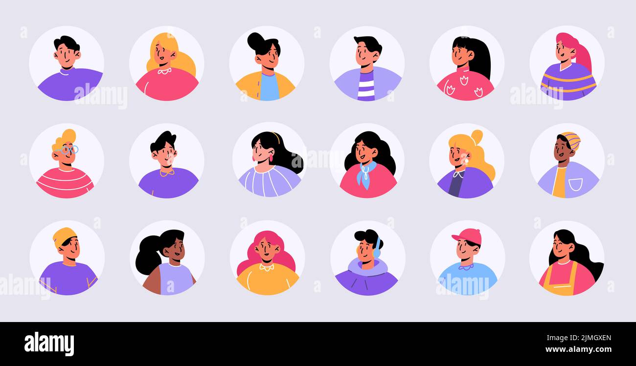 Set people avatars, faces of male and female characters. Young men or ...