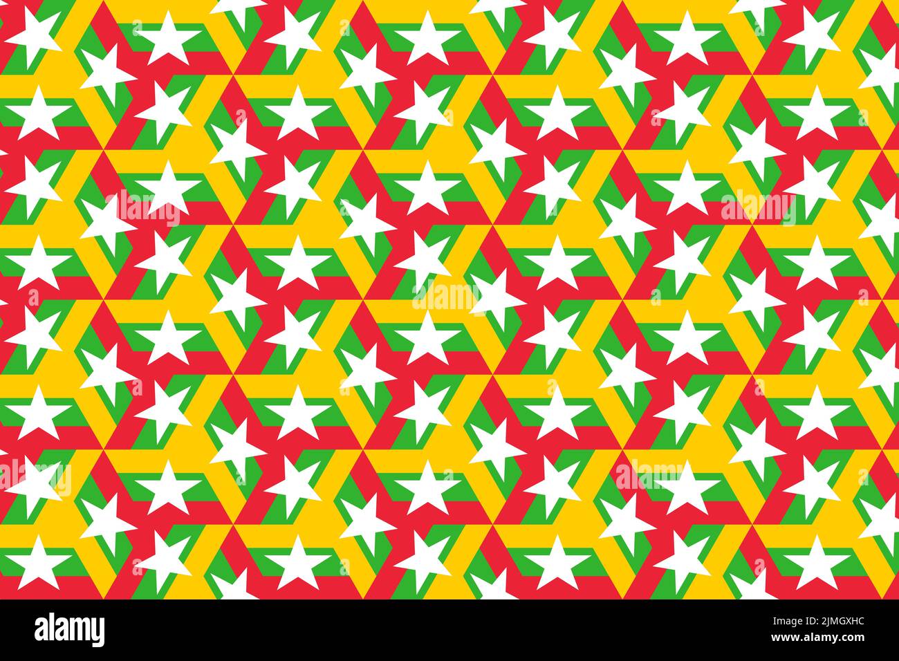Geometric pattern in the colors of the national flag of Myanmar. The colors of Myanmar. Stock Photo