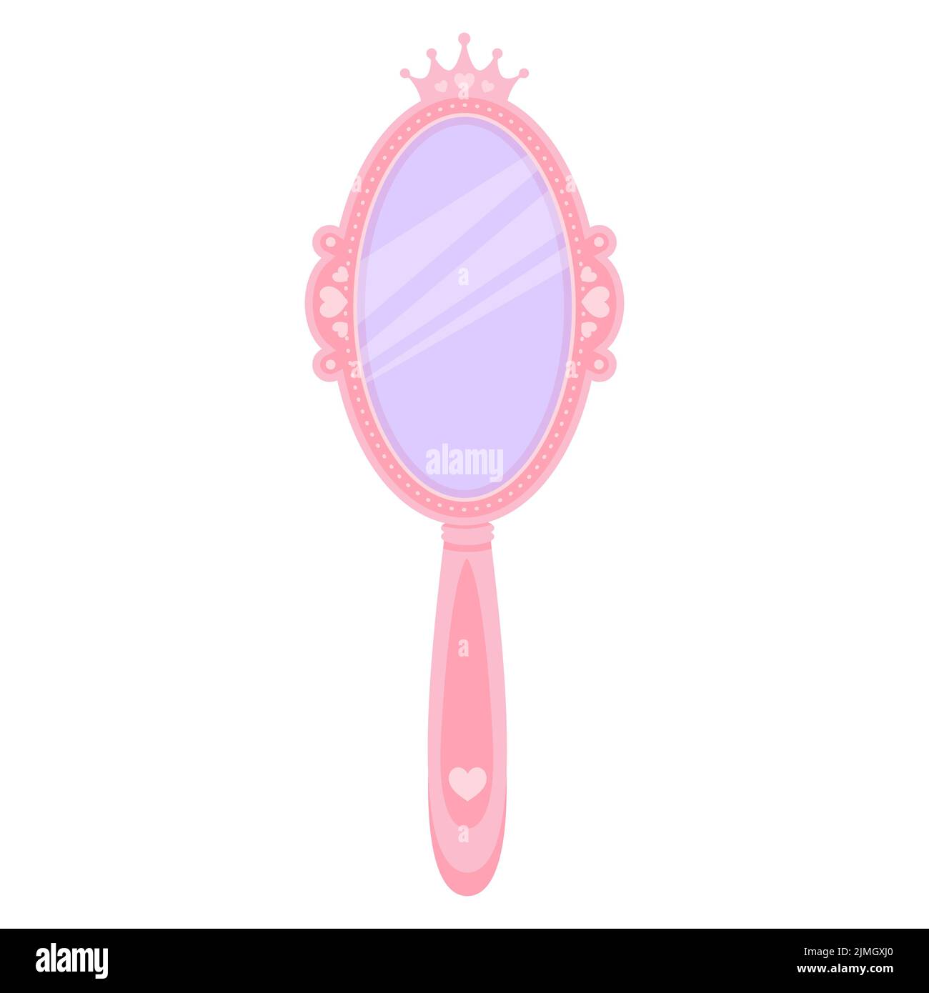 Pink princess mirror with crown. Cartoon oval hand frame for girls birthday decor. Cute vector