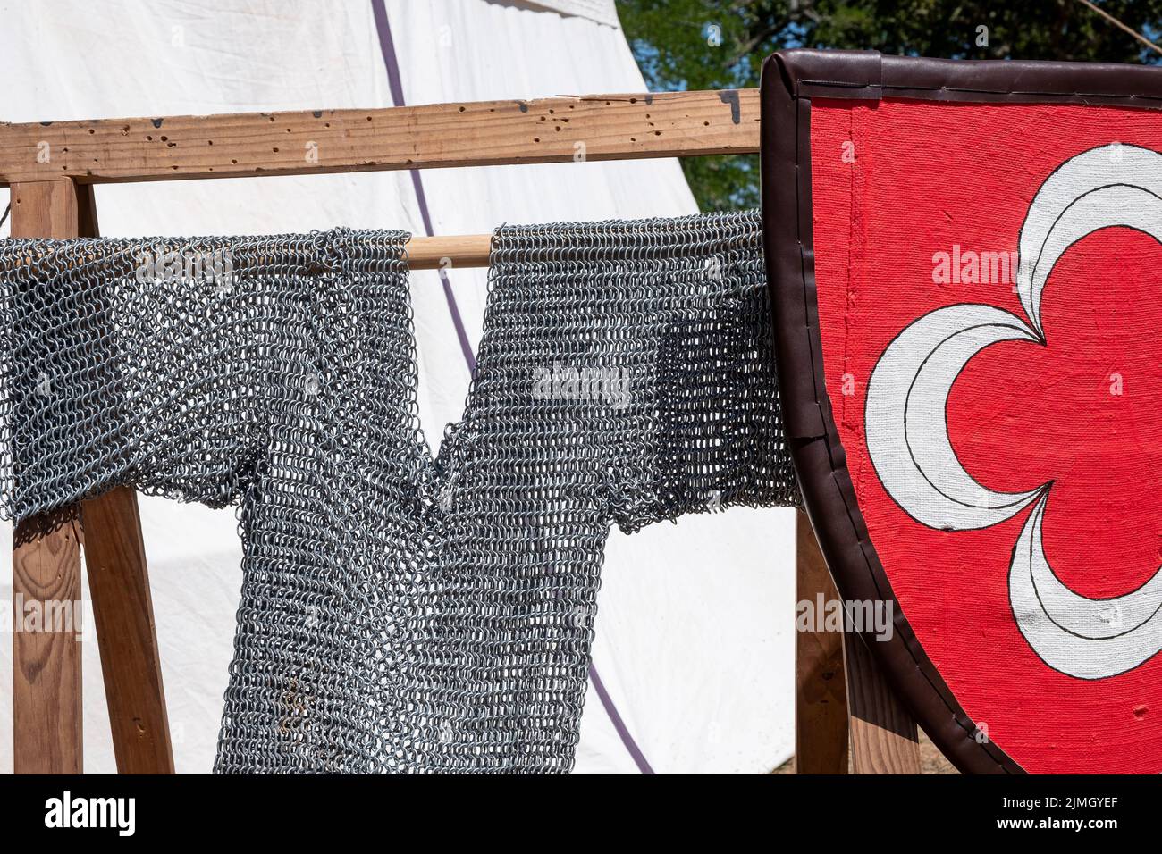 replica of a coat of mail and a medieval shield at a historical