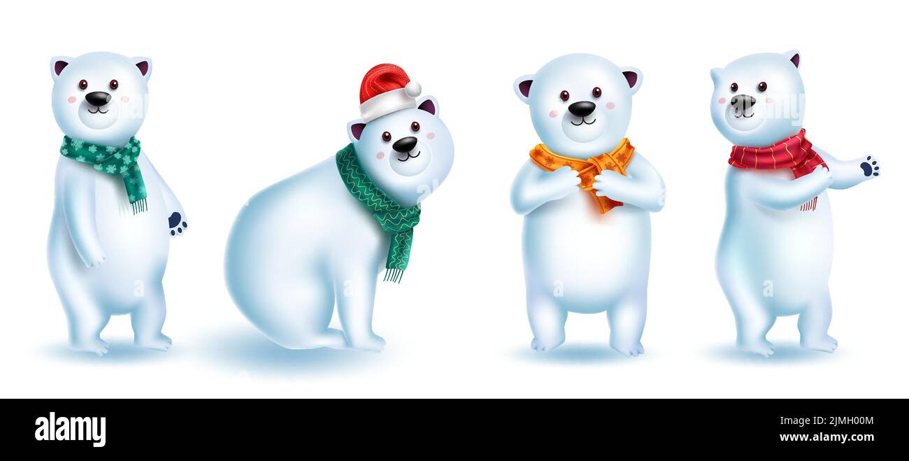Polar bear characters vector set design. Christmas snow bears 3d character in cute and friendly pose and gestures for xmas winter animal collection. Stock Vector