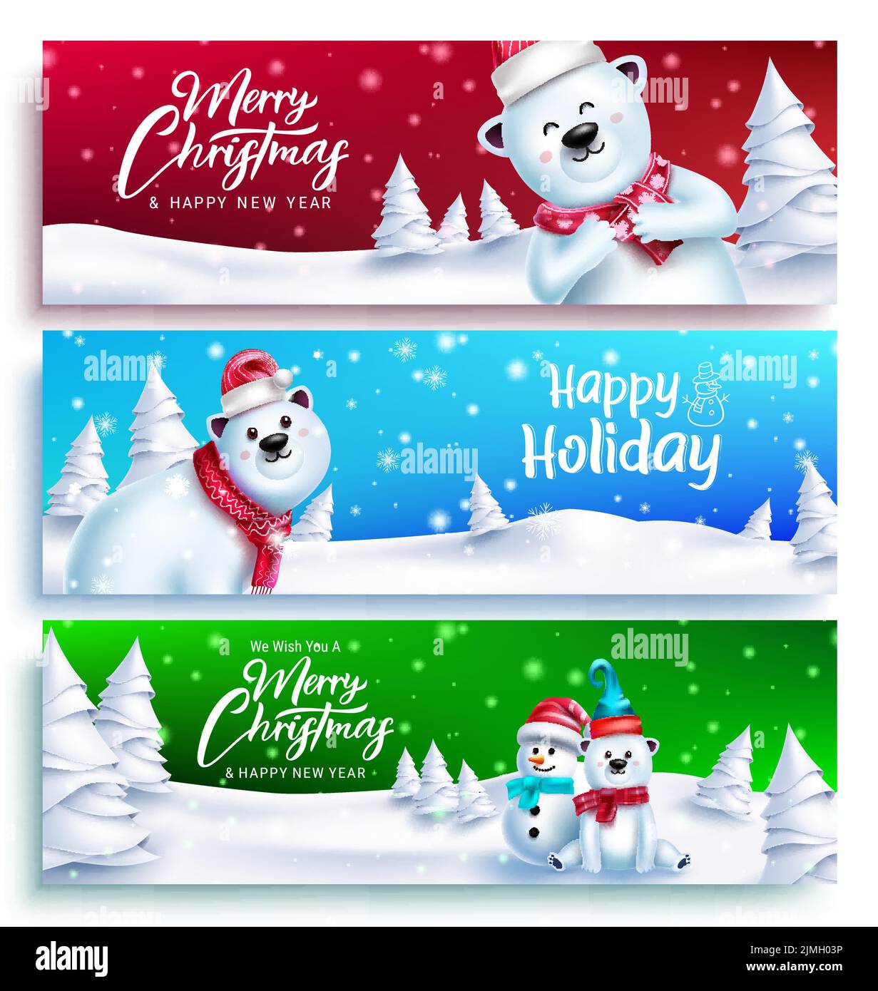 Christmas greeting character vector set. Merry christmas text with polar bear 3d characters in outdoor snow background for xmas design collection. Stock Vector