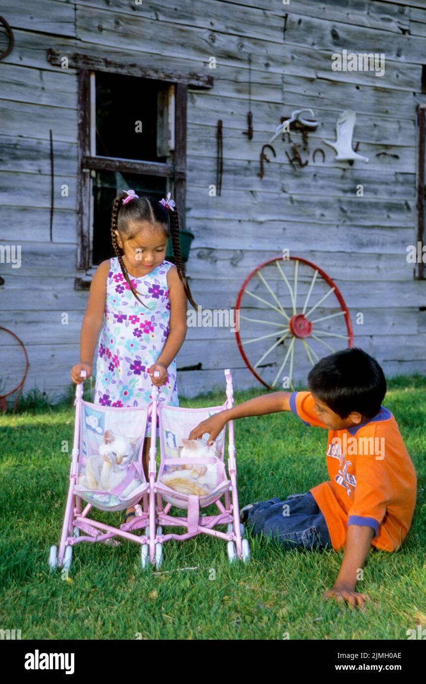 Two Native American children, sister and brother, play with twin kittens in a doll stroller on the Shoshone Bannock Indian Reservation, Fort Hall Idah Stock Photo