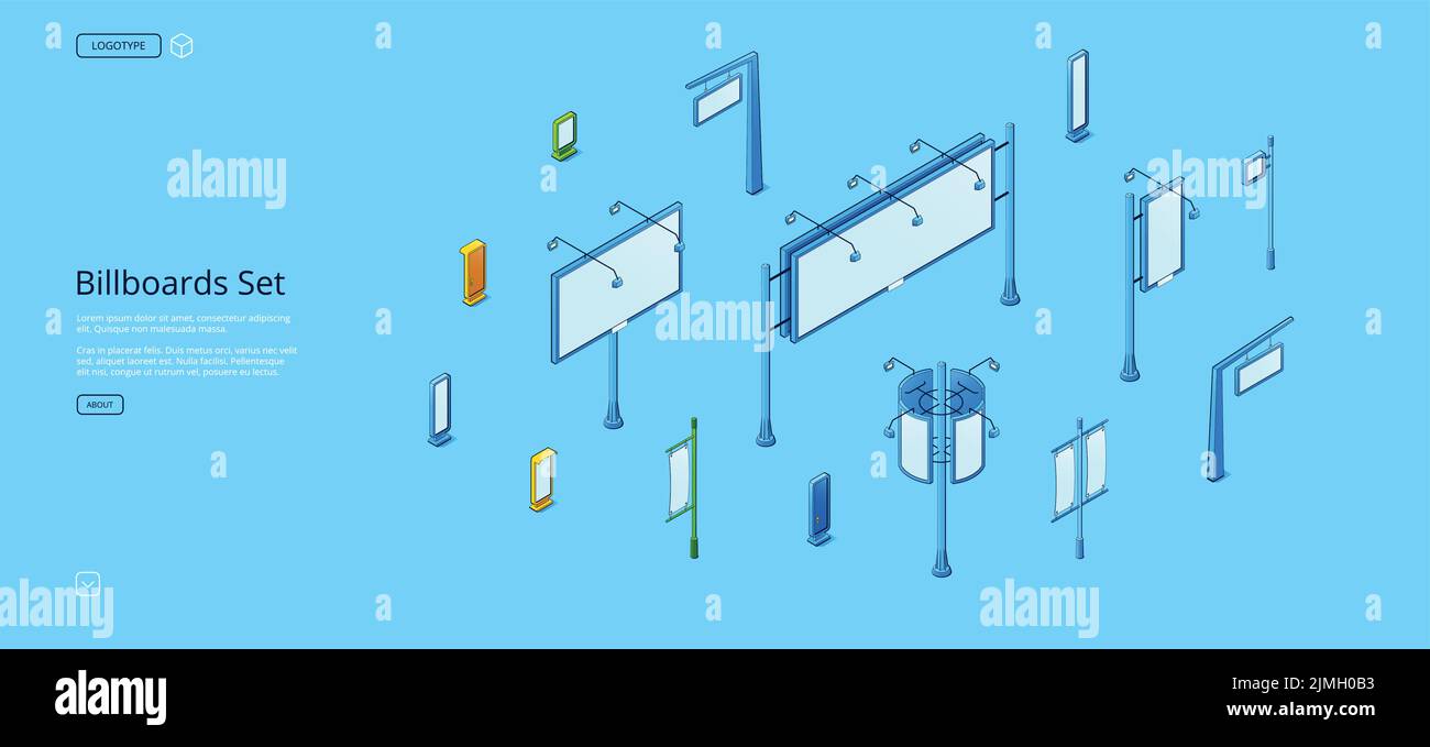 Billboards isometric web banner. Set of street signboards, stalls ...