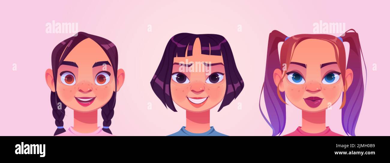 Girl avatars, female teenagers characters faces. Caucasian and asian children with pigtails and short haircut. Pretty schoolgirl portraits for social Stock Vector
