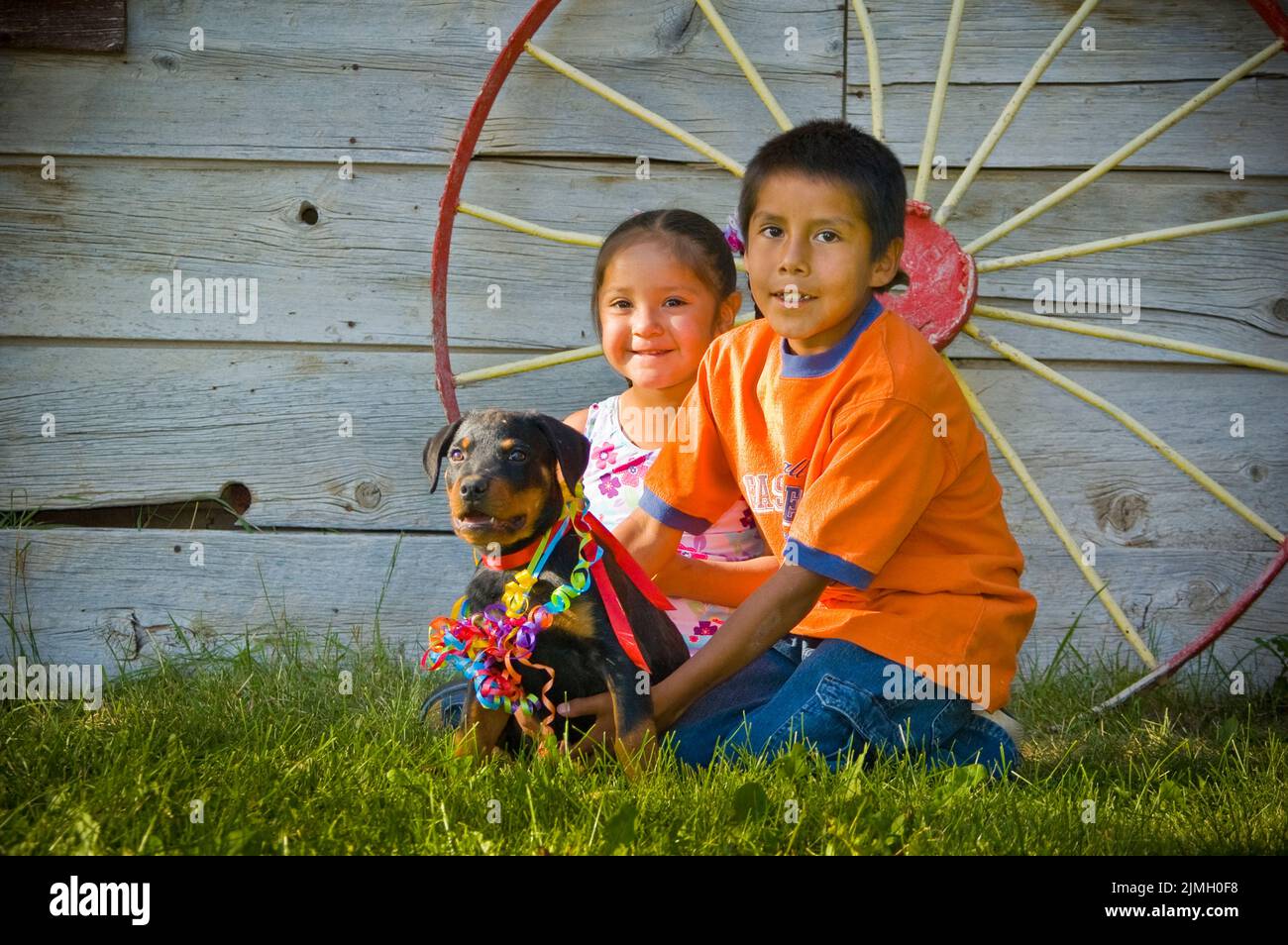 Two Native American children play with a puppy together. Fort Hall Idaho Stock Photo