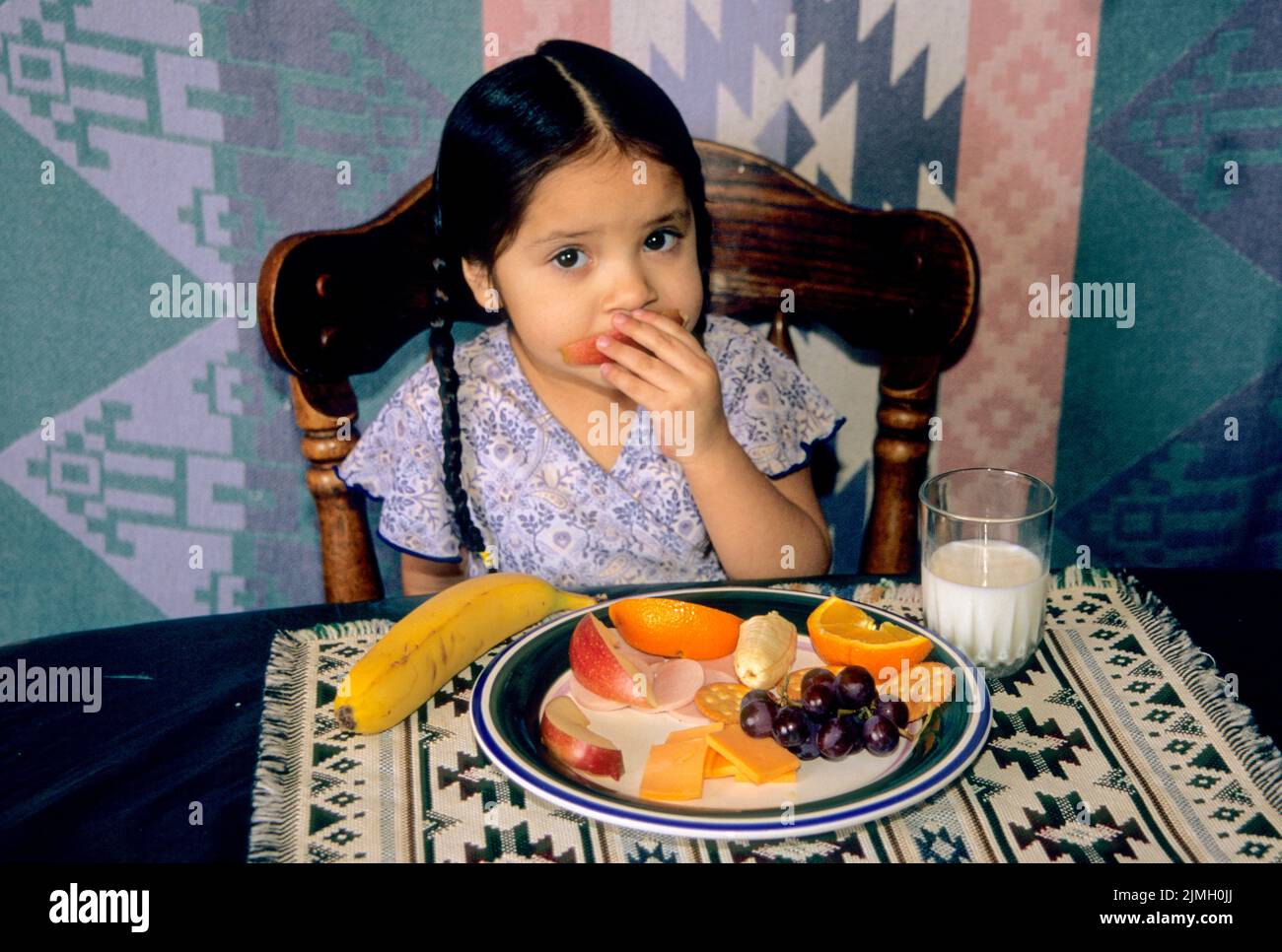 snack of fruit and cheese while sitting at a table. Shoshone Bannock Indian Reservation, Fort Hall Idaho Stock Photo