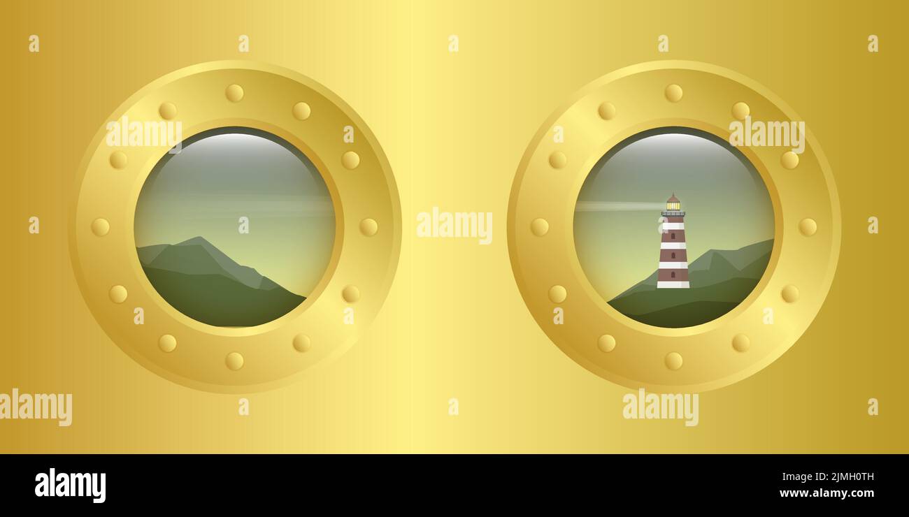 porthole with seascape view lighthouse and mountain marine design Stock Vector