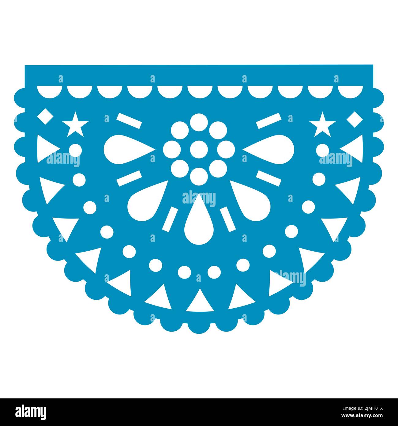 Papel Picado vector round design with floral mandala, Mexican fiesta garland decor with flowers and geometric shapes in blue Stock Vector