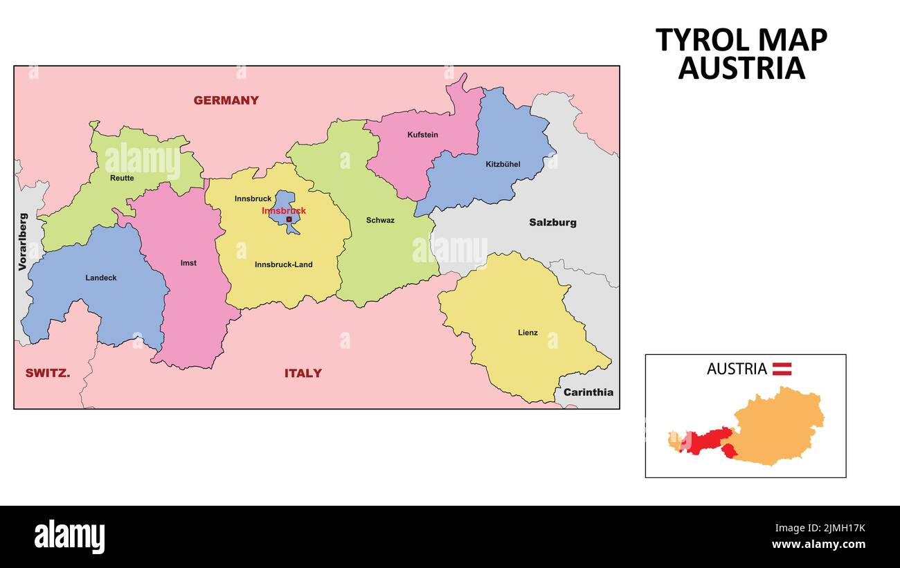 Tyrol Map. State and district map of Tyrol. Political map of Tyrol with neighboring countries and borders. Stock Vector