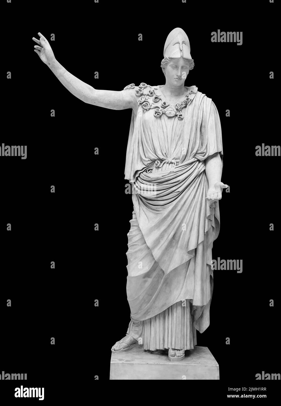 Ancient Greek Roman statue of goddess Athena god of wisdom and the arts historical sculpture isolated on black with clipping pat Stock Photo