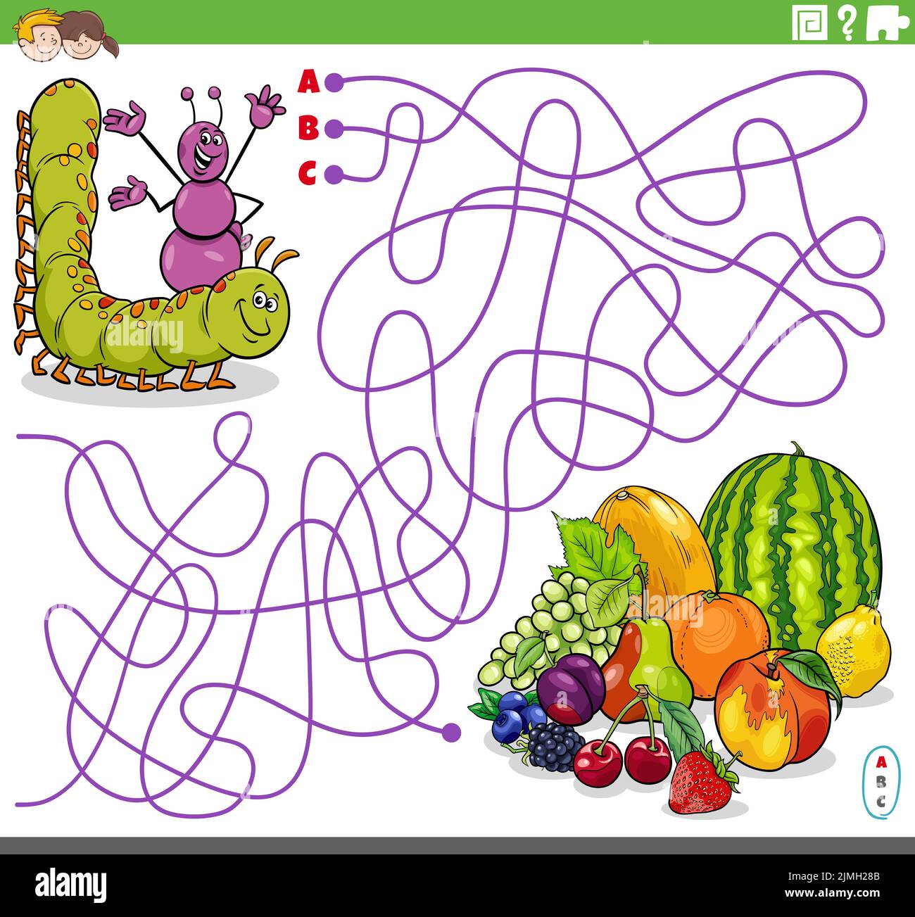 Maze game with cartoon caterpillar and ant characters and fruit Stock ...
