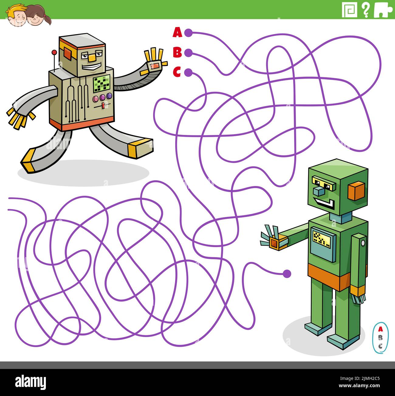 Maze game puzzle with cartoon robot characters Stock Photo - Alamy