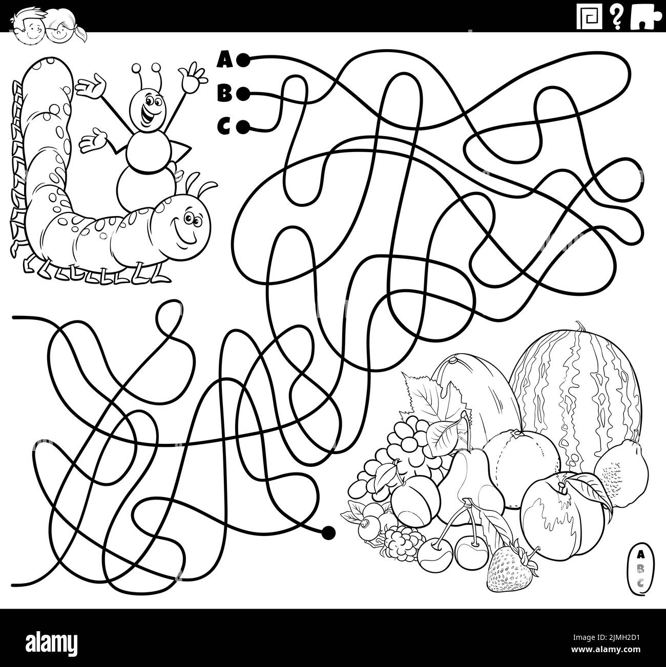 Maze with cartoon caterpillar and ant and fuit coloring book page Stock ...