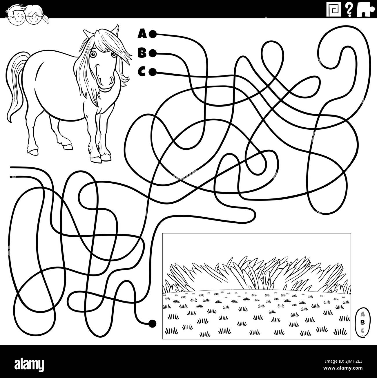 Maze with cartoon horse and pasture coloring book page Stock Photo
